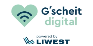 Logo G'scheit digital hellgrünes Herz mit dunkelblauem WLAN-Symbol darin mit Schriftzug powered by und LIWEST Logo in dunkelblau darunter