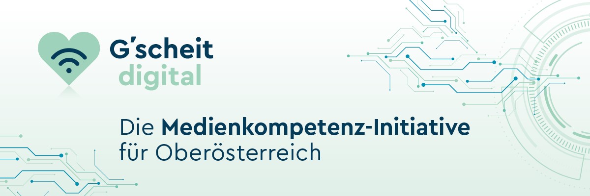 Logo G'scheit digital 2025 – Hellgrünes Herz mit dunkelblauem WLAN-Symbol darin plus Schriftzug G'scheit (dunkelblau) digital (hellgrün, darunter)