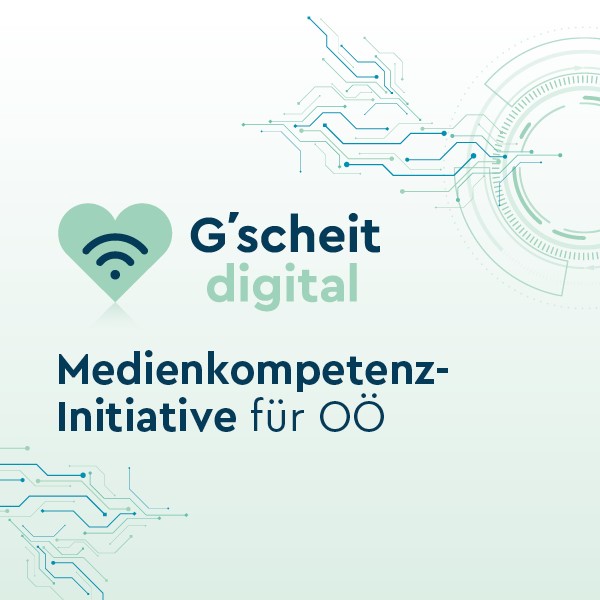 Logo G'scheit digital 2025 – Hellgrünes Herz mit dunkelblauem WLAN-Symbol darin plus Schriftzug G'scheit (dunkelblau) digital (hellgrün, darunter)