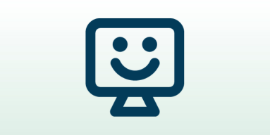 Ein blaues Icon eines Bildschirms mit einem lachendem Gesicht auf hellgrünem Hintergrund.