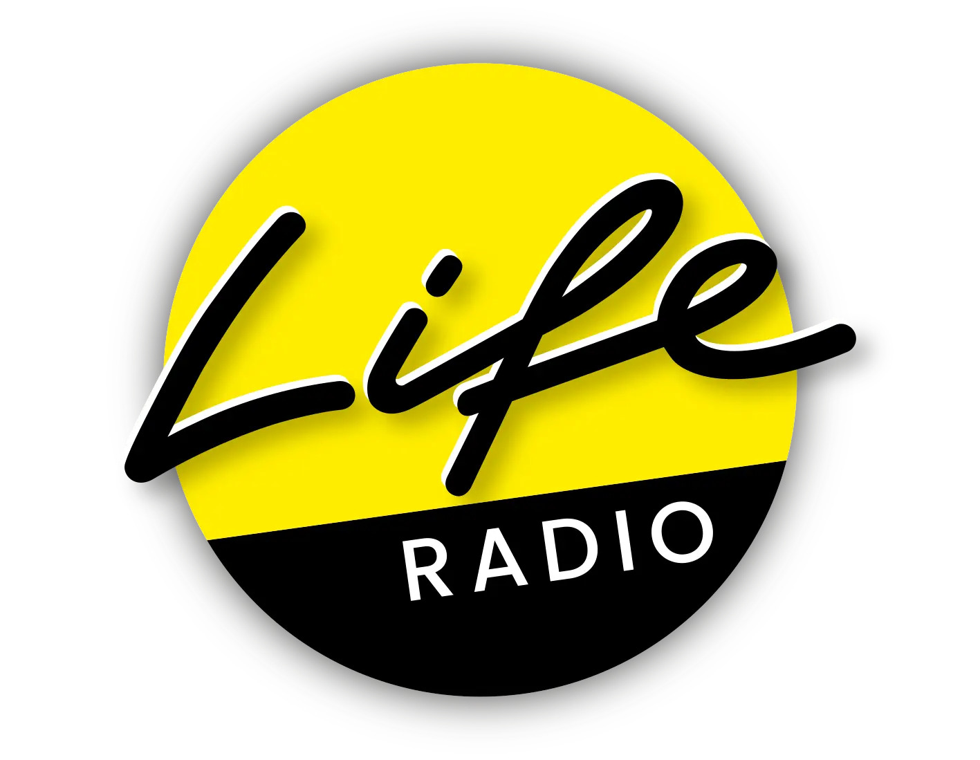 Logo Life Radio – Runder Kreis oben gelb, unten schwarz mit Schriftzug