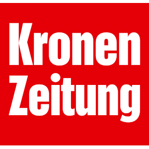 Logo der Kronen Zeitung: Ein weißer Schriftzug mit "Kronen Zeitung" auf rotem Hintergrund.