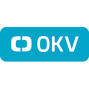 Das Logo des OKV. Weiße Schrift mit "OKV" vor einem blauen Hintergrund.
