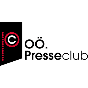 Logo des OÖ Presseclubs: Icon auf schwarzem Hintergrund. Rechts steht daneben in schwarzer Schrift "OÖ Presseclub".