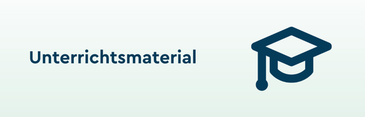 "Unterrichtsmaterial", rechts daneben ein blaues Icon einer Studentenkappe auf hellgrünem Hintergrund.