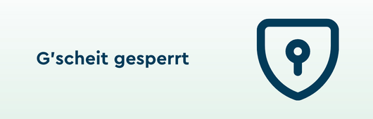"G'scheit gesperrt" Schriftzug, rechts daneben das Icon eines Schildes mit einem Schlüsselsymbol.