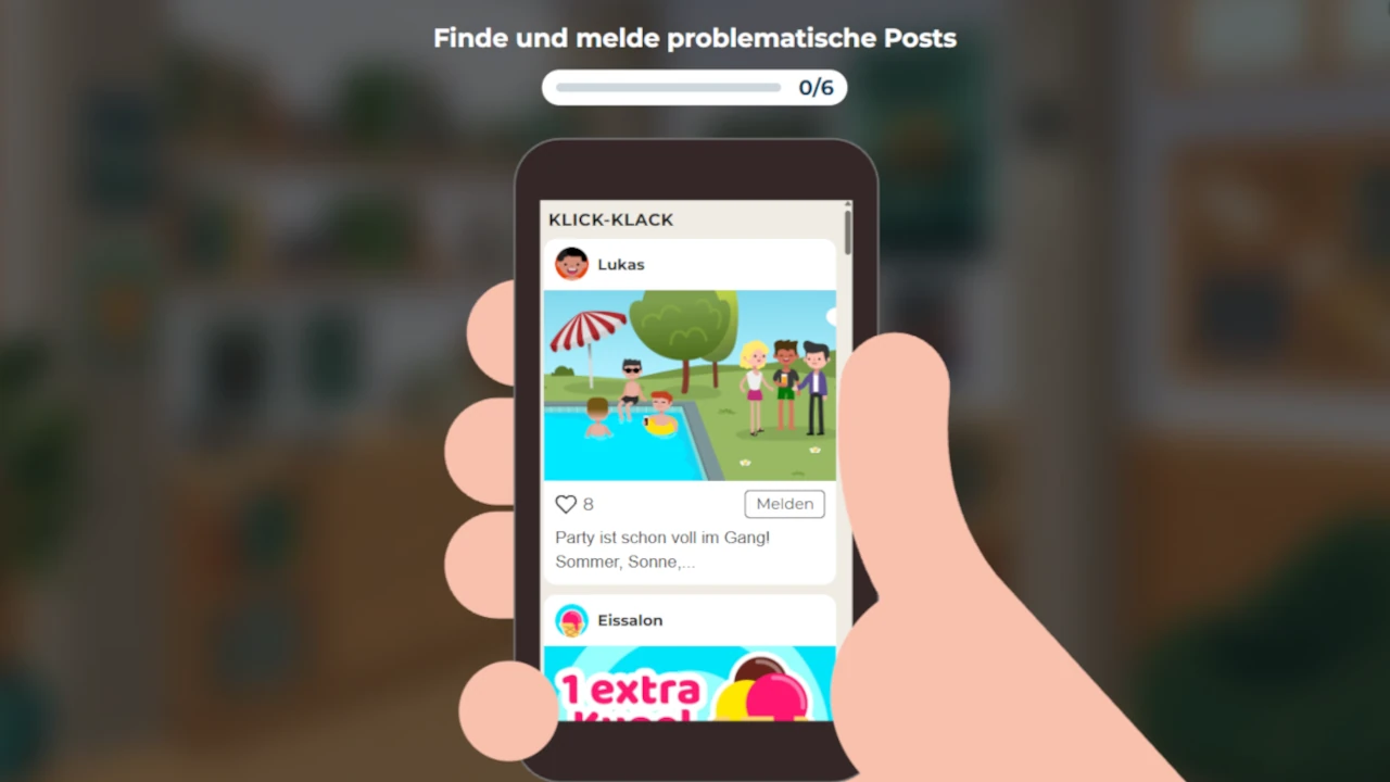 Screen des G'scheit gefährlich Spiels: Man sieht eine Hand, die ein Smartphone hält.