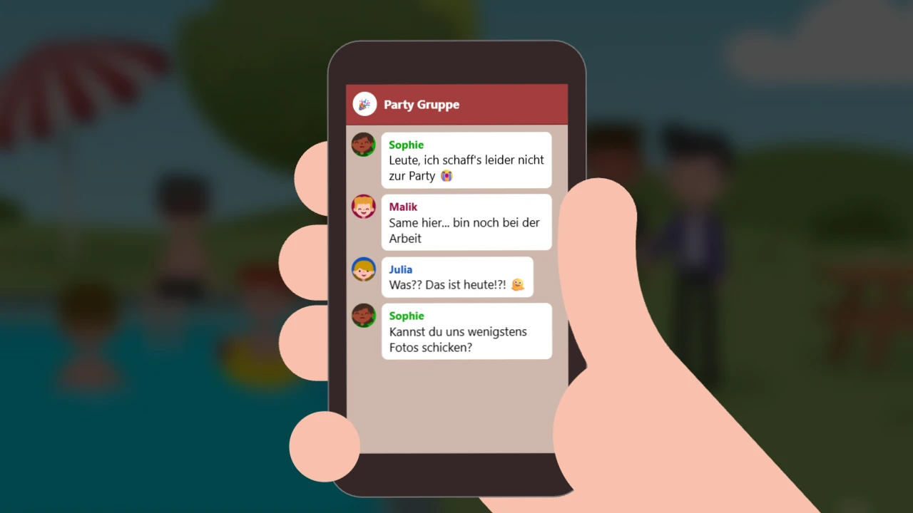 Screen des G'scheit geknipst Spiels: Man sieht eine Hand, die ein Smartphone hält.