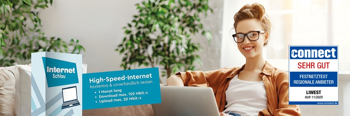 LIWEST Internet testen – Frau auf Couch mit Laptop am Schoss plus Produktbox links und connect Siegel rechts