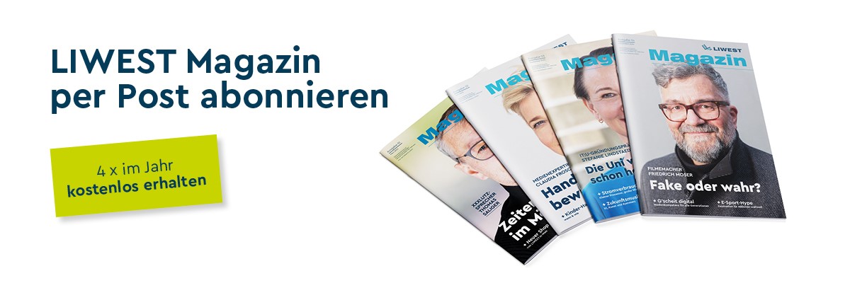 Text LIWEST Magazin per Post abonnieren, hellgrüne Strörerbox mit Text 4 x im Jahr kostenlos erhalten und vier LIWEST Magazine 2025 aufgefächert