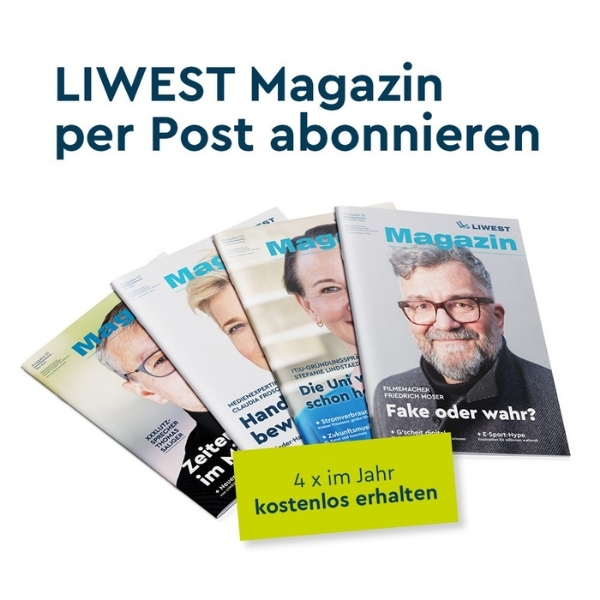 Text LIWEST Magazin per Post abonnieren, hellgrüne Strörerbox mit Text 4 x im Jahr kostenlos erhalten und vier LIWEST Magazine 2025 aufgefächert