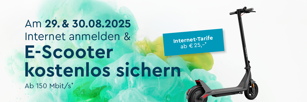 Text LIWEST E-Scooter zur Internet-Neuanmeldung am 29. und 30. August 2025, Symbolbild E-Scooter mit türkiser Box mit Text Internet-Tarife ab 25 Euro