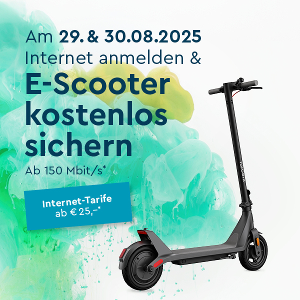 Text LIWEST E-Scooter zur Internet-Neuanmeldung am 29. und 30. August 2025, Symbolbild E-Scooter mit türkiser Box mit Text Internet-Tarife ab 25 Euro