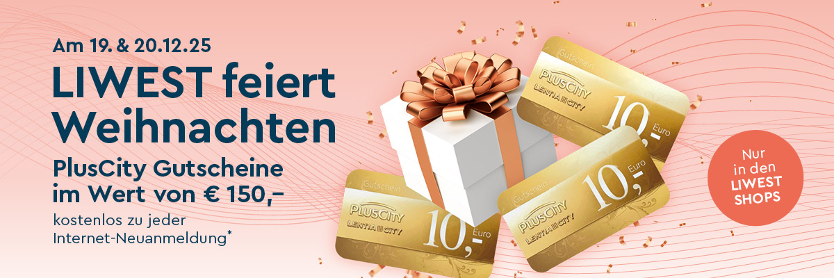 Hellroter Hintergrund mit dunkelblauem Text zur Aktion plus Bild weißes Paket mit goldener Schleife und PlusCity-Gutscheinen sowie roter Störer-Button nur in den LIWEST Shops
