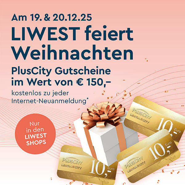Hellroter Hintergrund mit dunkelblauem Text zur Aktion plus Bild weißes Paket mit goldener Schleife und PlusCity-Gutscheinen sowie roter Störer-Button nur in den LIWEST Shops