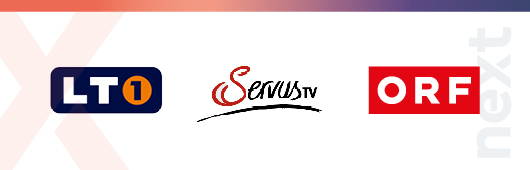 Logos LT1, ServusTV, ORF nebeneinander mit next Branding im Hintergrund