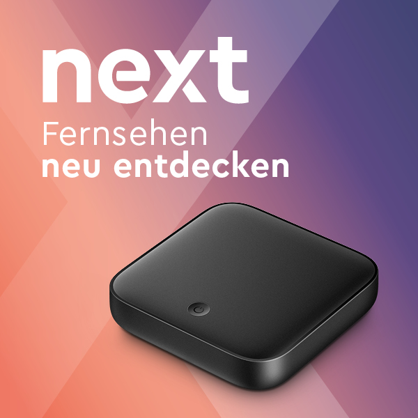 next Fernsehen neu entdecken mit TV-Box auf Hintergrund mit Verlauf hellrot auf dunkelblau von links nachrechts