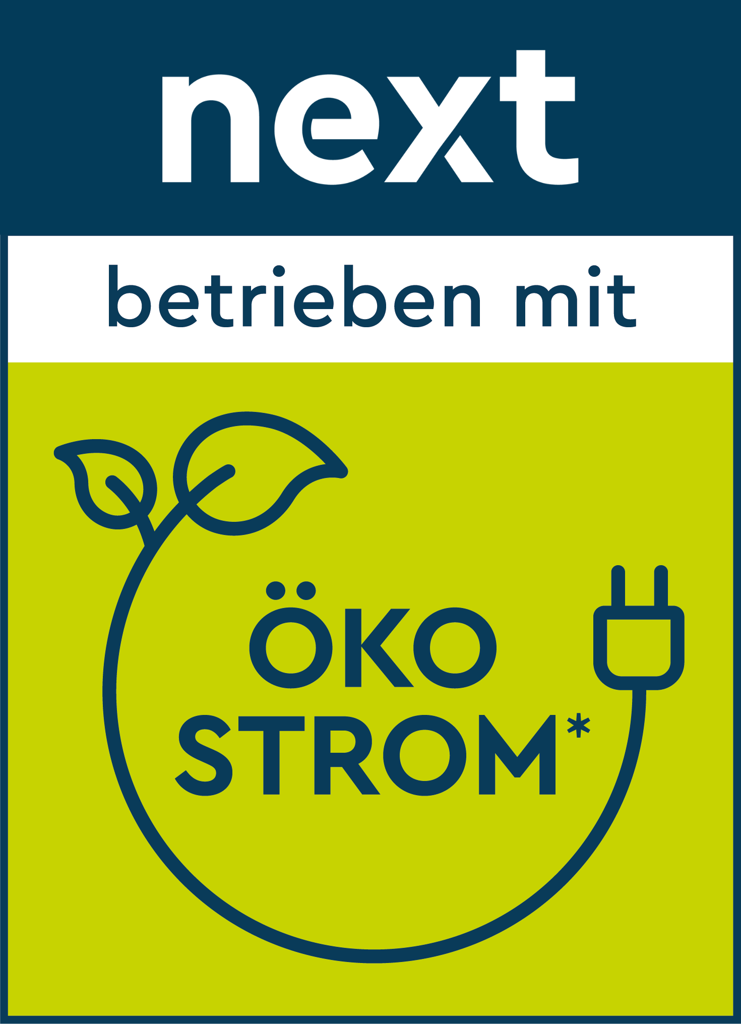 next Schriftzug in weiß auf dunkelblauem Hintergrund mit Ökstrom in dunkelblau auf hellgrünen Hintergrund mit Stromkabel mit Stecker und Blätter an den Enden rundherum