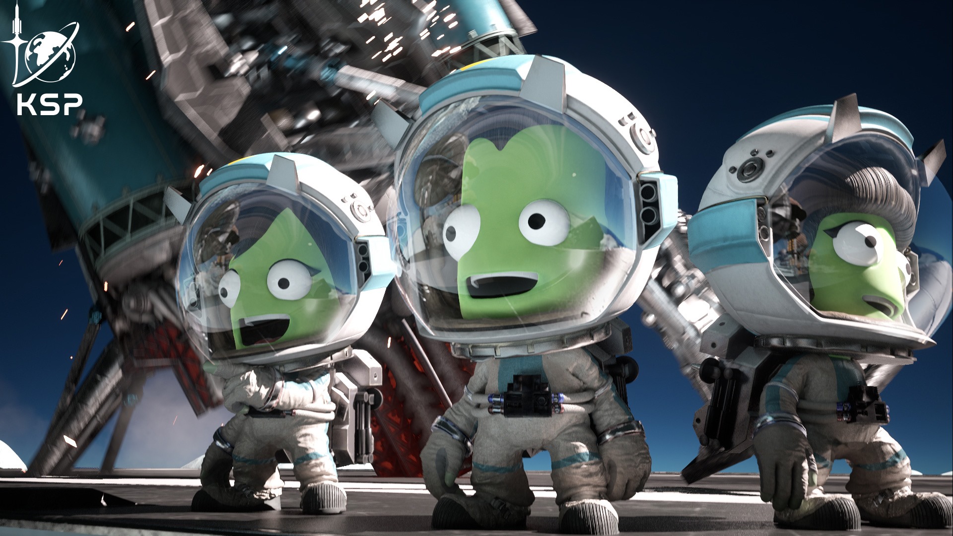 Drei kleine grüne Aliens im Raumanzug aus dem Weltraumsimulations-Spiel Kerbal Space Program