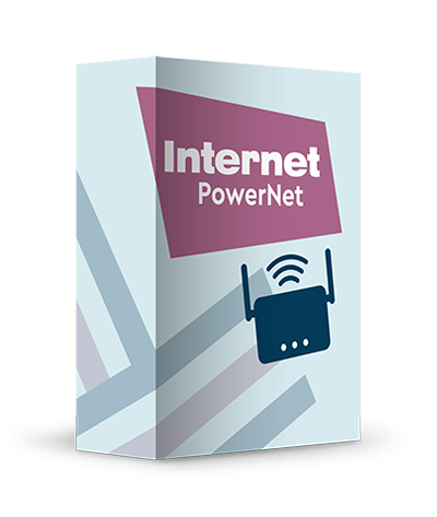Box mit Aufschrift Internet Powernet und einen Wlan Modem Symbol