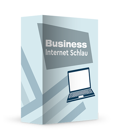 Box mit Aufschrift Business Schlau und ein Laptop in Form eines Icons