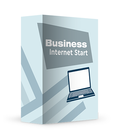 Box mit Aufschrift Business Start und ein Laptop in Form eines Icons